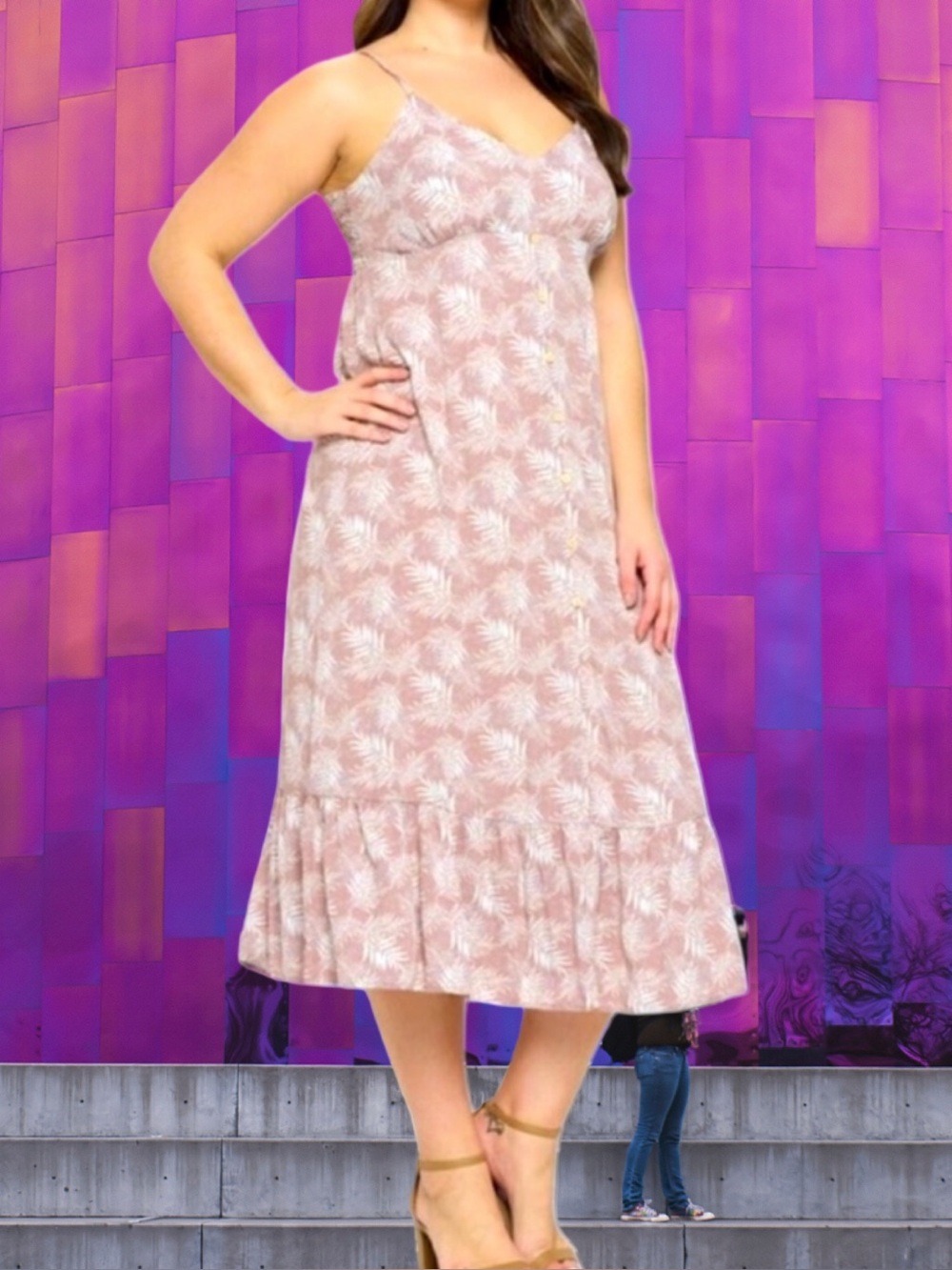 🆕Boutique Women’s plus-size Beige & White Tropical Sleeveless Midi Dress❤️❤️3X